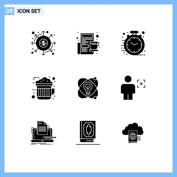 Mobile Interface Solid Gyph Set Pictograms Atomic Drink Newspaper Cocoa — Vector de stock