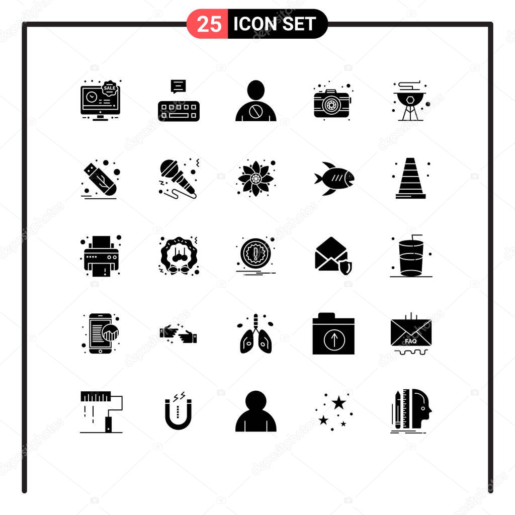 Universal Icon Symbols Group of 25 Modern Solid Glyphs of cook, lens, blocked, photography, camera Editable Vector Design Elements