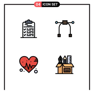 Kontrol listesi, kalp, belge, grafik, tutucu Düzenleyici Vektör Tasarım Elemanları için Izgara üzerinde 4 Vektör Dosyasının Düz Renkleri kümesi