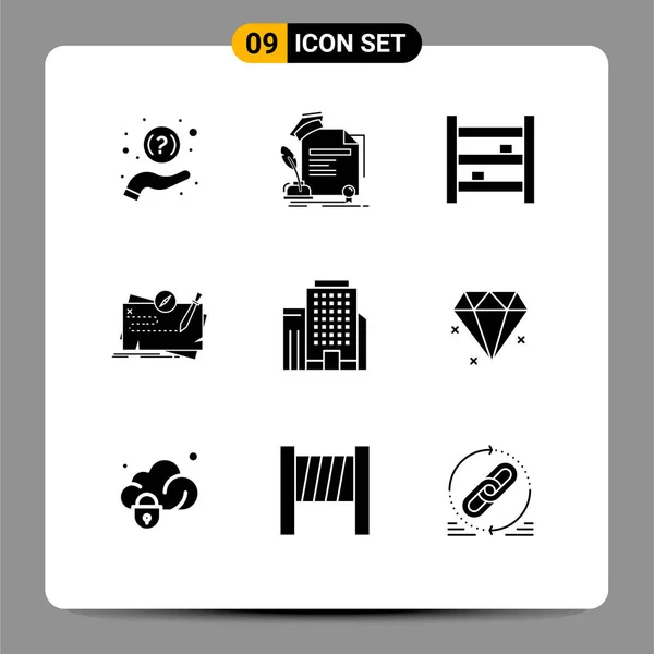 Mobile Interface Solid Glyph Set Pictograms Quest Map Agreement Game — Stock Vector