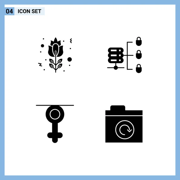 Mobile Interface Solid Glyph Set Pictograms Blossom Queen Rose Security — Stock Vector