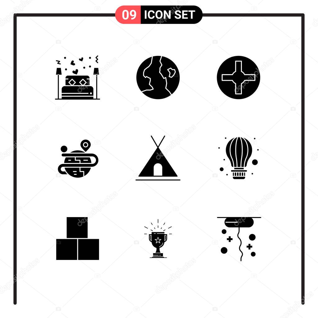 9 Thematic Vector Solid Glyphs and Editable Symbols of tent, holidays, cross, map, process Editable Vector Design Elements