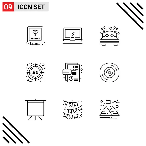 Set Icone Moderne Simboli Segni Affari Promozione Laptop Caccia Amore — Vettoriale Stock