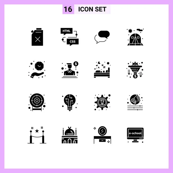 Set Modern Icons Sysymbols Signs Hold Clock Chating Tent Camping — Vector de stock