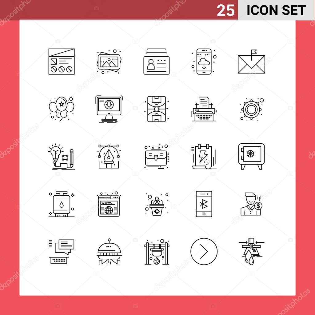 Mobile Interface Line Set of 25 Pictograms of communication, app download, photo, app, id Editable Vector Design Elements