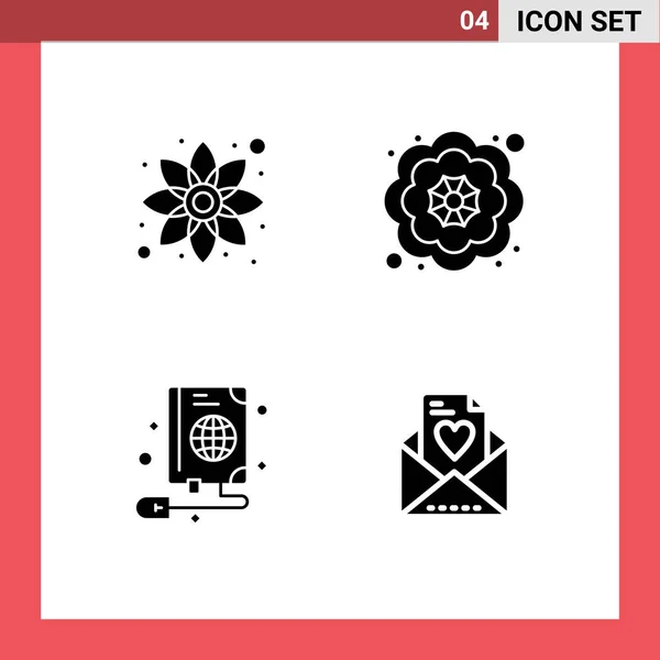 Modern Set Solid Glyphs Pictograph Chammmile Web Plant Pretty Mail — 스톡 벡터