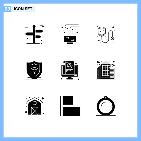 Modern Set Solid Glyphs Pictograph Shield Internet Security Hot Drink — Vector de stock