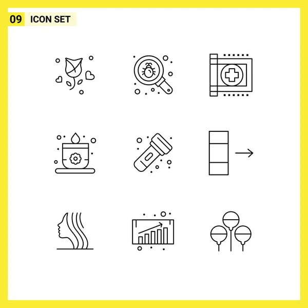 Set Vector Outlines Grid Camping Sauna Security Candle Health Editable — Stock Vector