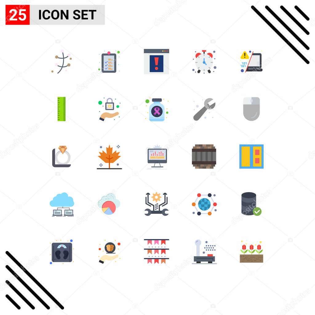 Pack of 25 creative Flat Colors of laptop, timepiece, contact, timekeeper, alarm Editable Vector Design Elements
