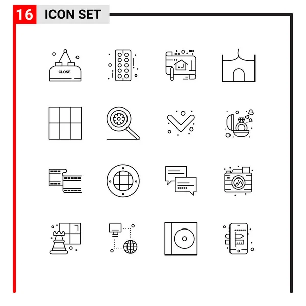 Mobile Interface Outline Set Pictograms Medieval Castle Tower Plan Castle — Vector de stock