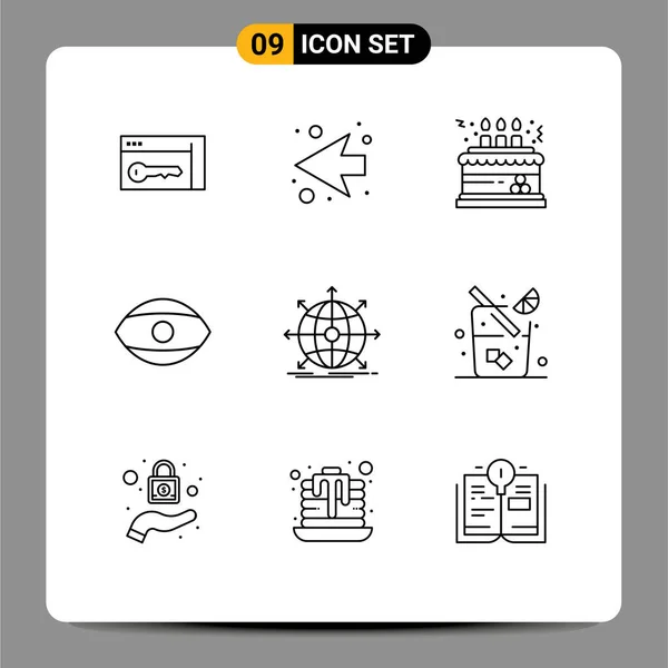 Mobile Interface Outline Set Pictograms Global Vision Cake Human Eye — Stockový vektor