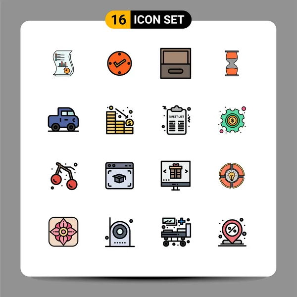 一组16个平面彩色填充线标志和符号 用于沙钟 橱柜编辑的创意向量设计元素 — 图库矢量图片