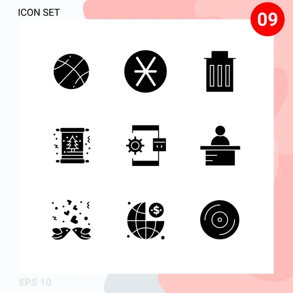 Mobile Interface Solid Glyph Set Pictograms App Tree Delete Invitation — 스톡 벡터