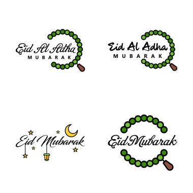 Mübarek Kurban Bayramı 4 Mesajlı Kaligrafi Paketi. İzole edilmiş Beyaz Arkaplanda Asılı Yıldızlar ve Ay Dindar Müslüman Tatili