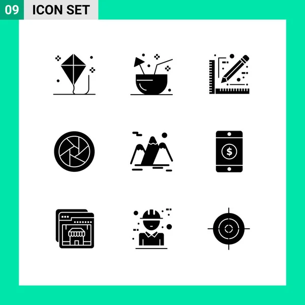 Universal Solid Glyphs Set Web Mobile Applications Hegyek Kamera Szem — Stock Vector