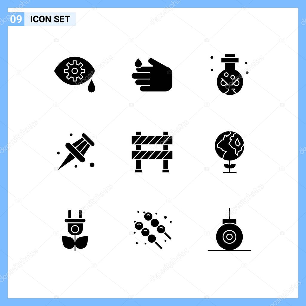Modern Set of 9 Solid Glyphs Pictograph of road sign, boundary, magic, barrier, pin Editable Vector Design Elements