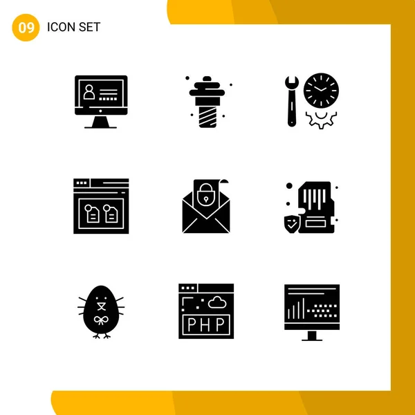 Set Commercial Solid Glyphs Pack Email File Options Document Archive — Vector de stock