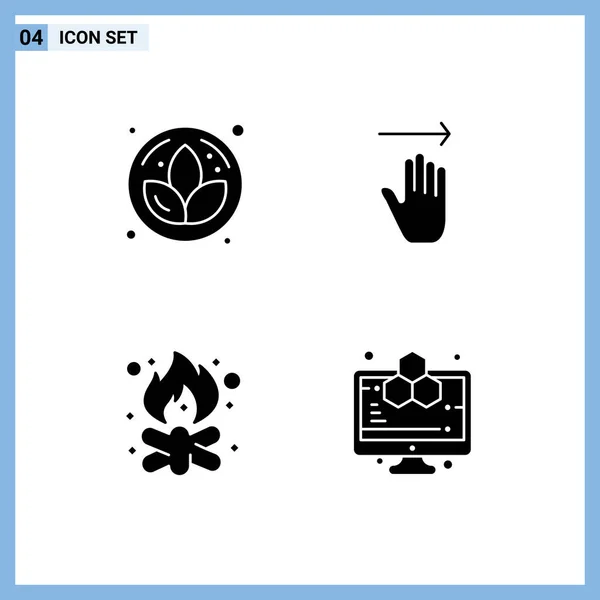 Set Vector Solid Glyphs Grid Lotus Camp Hand Right Fire — Stock Vector