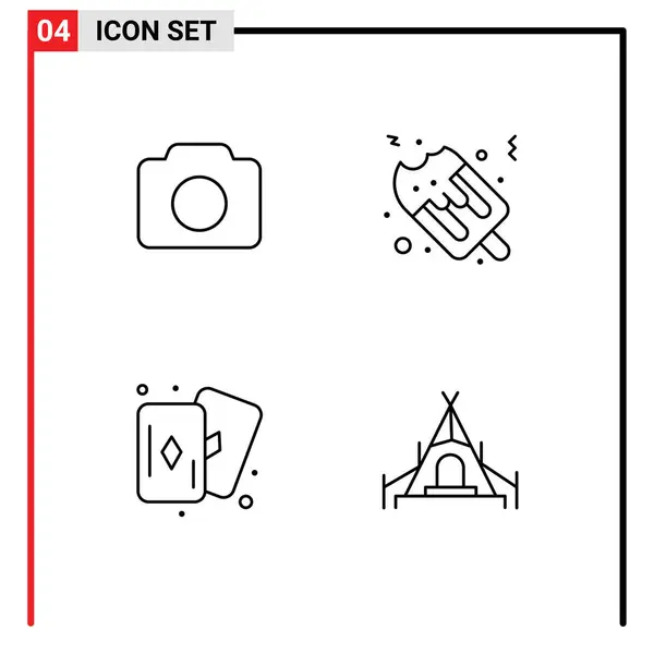 4つの創造的なFilledlineフラットカメラ カード 自然の色のパック編集可能なベクトルデザイン要素 — ストックベクタ