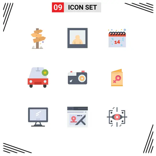 Pictogram Set Simple Flat Colors Picture Camera Date Vehicle Important — 스톡 벡터