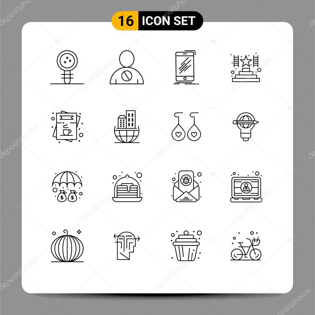 Modern Set of 16 Outlines and symbols such as award, climb, denied, telephone, phone Editable Vector Design Elements
