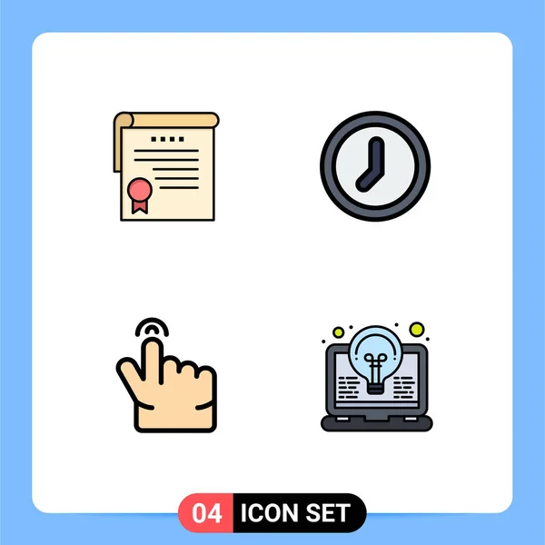 証明書 ジェスチャー 電球のための4つの商用ファイルラインフラットカラーパックのセット編集可能なベクトルデザイン要素 — ストックベクタ