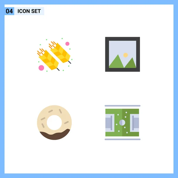 Set Commercial Flat Icons Pack Food Photo India Frame Donuts — Vector de stock