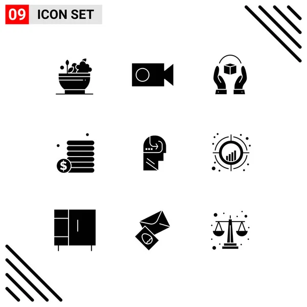 Mobile Interface Solid Gyph Set Pictograms Mind Learning Care Money — Vector de stock