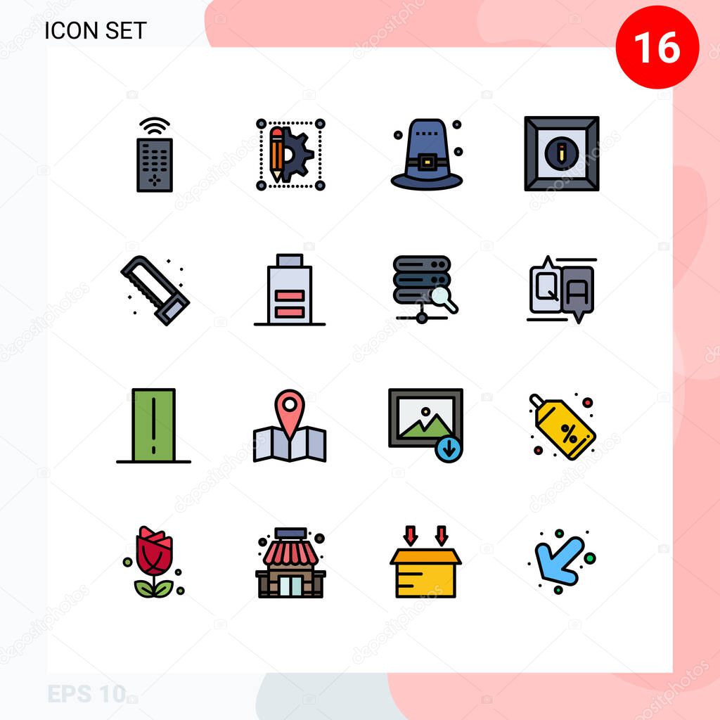 Modern Set of 16 Flat Color Filled Lines and symbols such as saw, plumber, hat, mechanical, edit Editable Creative Vector Design Elements