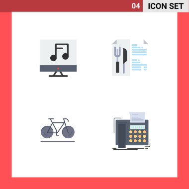 4 Evrensel Düz Simge İşaretleri Ses, yürüyüş, video, restoran, faks Vector Design Elementleri