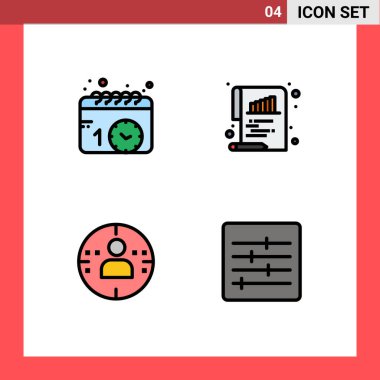 Mobil Arayüz Düz Renk Seti 4 Piktogram takvim, profil, saat, belge, Düzenlenebilir Vektör Tasarım Elemanları