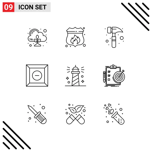 Pictogram Set Simple Outlines Sea Lighthouse Claw Hammer Beach Delete — Stock Vector