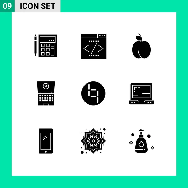 Set Commercial Solid Glyphs Pack Ybcoin Computing Interface Laptop Food — Vector de stock