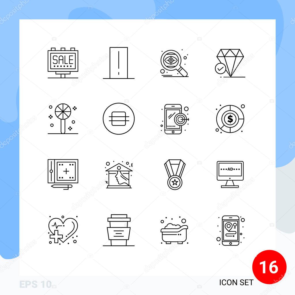 16 Creative Icons Modern Signs and Symbols of candy, big think, light mete, jewel, eye Editable Vector Design Elements