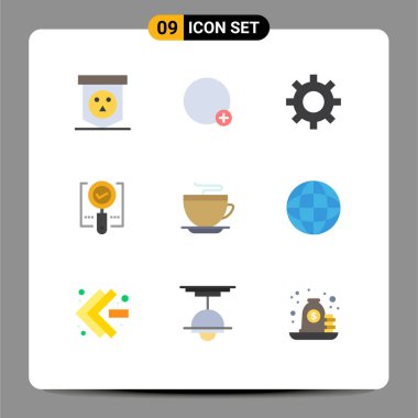 Piktogram 9 basit düz kahve rengi kümesi, arama, koruma, tamam, Düzenlenebilir Vektör Tasarım Elemanlarını bul