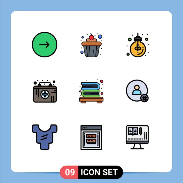 Filledlineフラットカラーパックブックケース 医療援助 ビジネス オフィス編集可能なベクトルデザイン要素の9ユニバーサルシンボルのパック — ストックベクタ