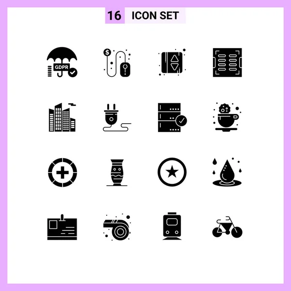 Pictogram Set Simple Solid Glyphs Skyscraper Building Elevator Drainage Construction - Stok Vektor