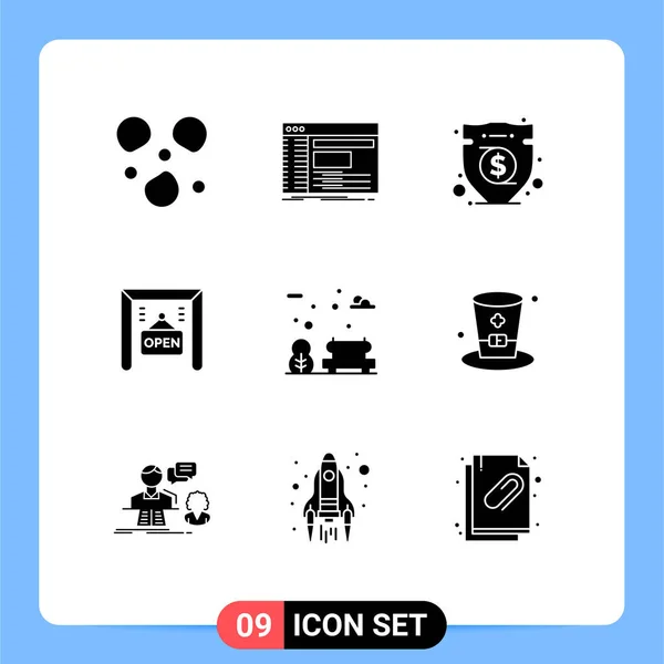 Mobile Interface Solid Glyph Set Pictograms Garden Bench Business Shop — Stock Vector