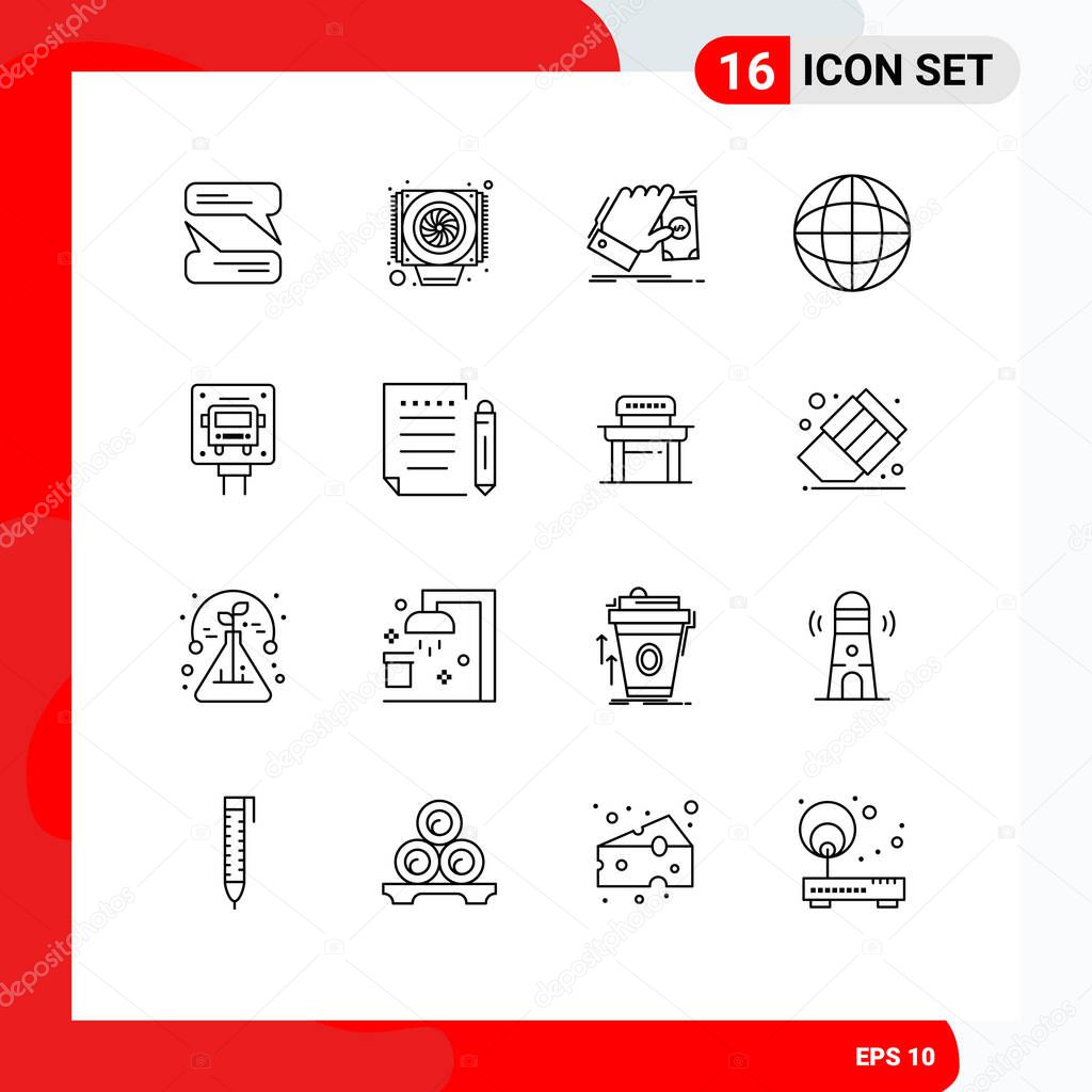 Set of 16 Modern UI Icons Symbols Signs for stop, laboratory, money, global, chemistry Editable Vector Design Elements