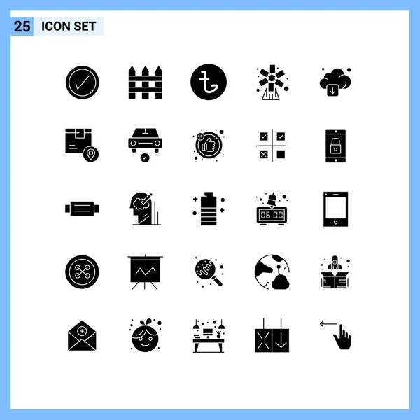Set Commercial Solid Glyphs Pack Arrow Windmill Currency Nature Farming — Vector de stock