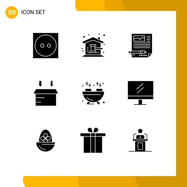 Set Commercial Solid Glyphs Pack Barbecue Logistic House Box Document — Vector de stock