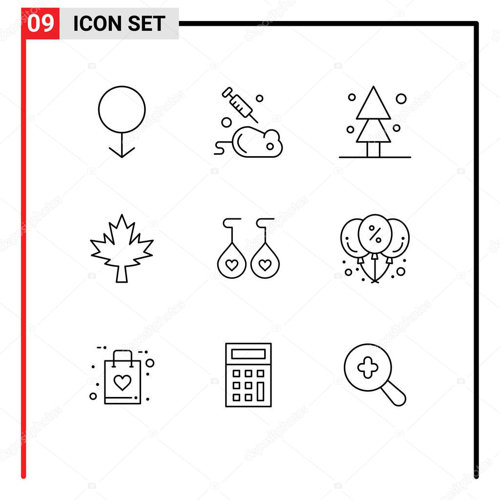 Outline Pack of 9 Universal Symbols of balloon, love, nature, earing, leaf Editable Vector Design Elements
