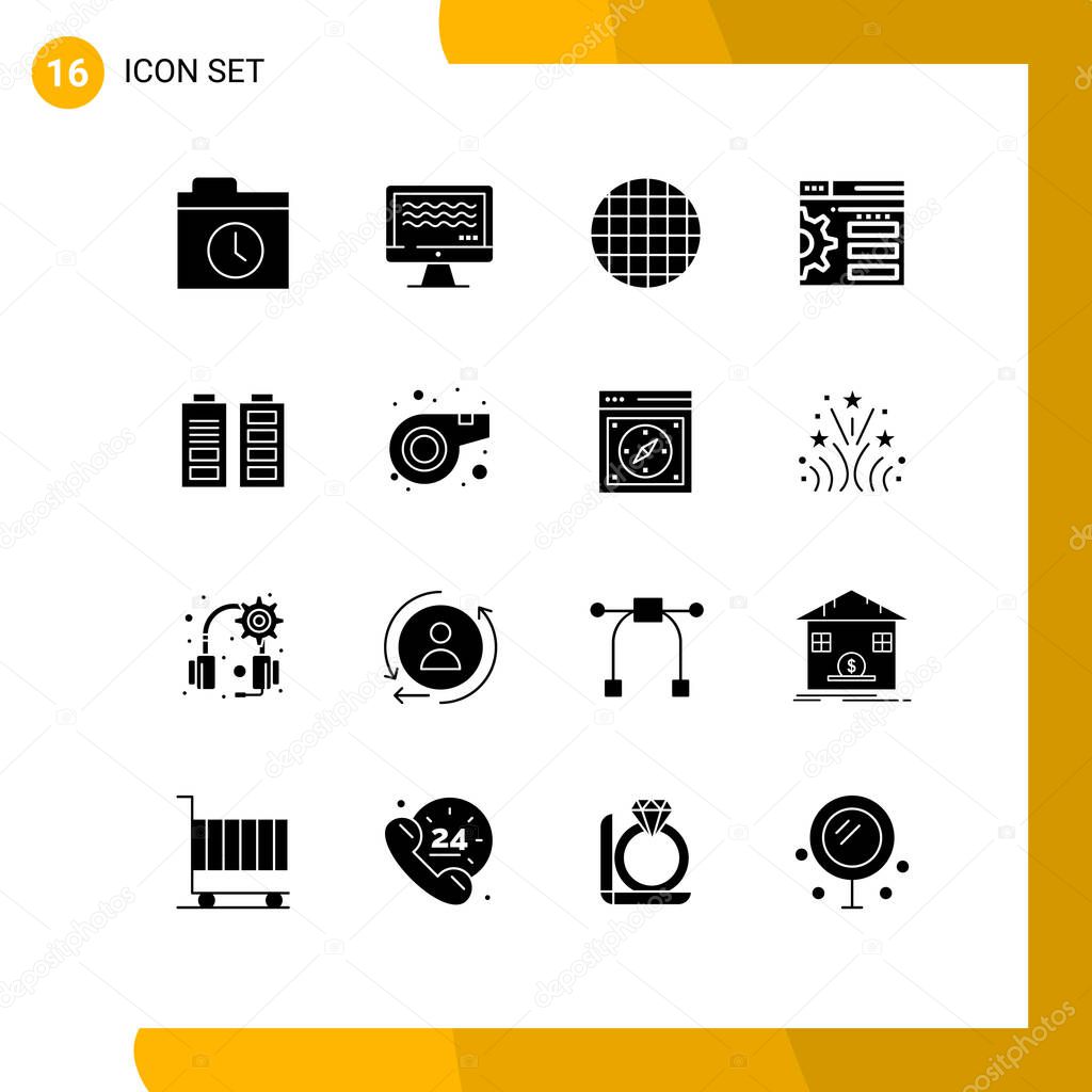 Mobile Interface Solid Glyph Set of 16 Pictograms of referee, power, viennese, battery, web Editable Vector Design Elements