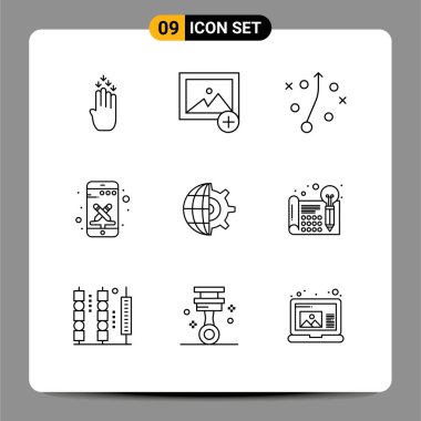 Modern Set 9 İş, dünya, plan, dişli, akıllı telefon Düzenlenebilir Vektör Tasarım Elemanları