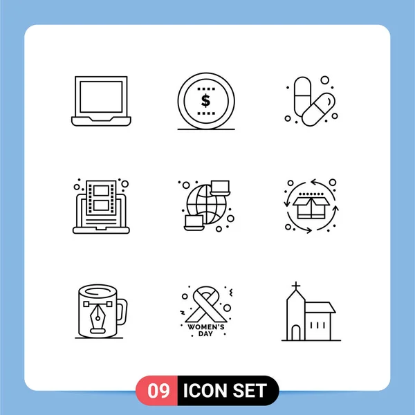 Mobile Interface Outline Set Pictograms Video Learning Office Education Muscle — Archivo Imágenes Vectoriales