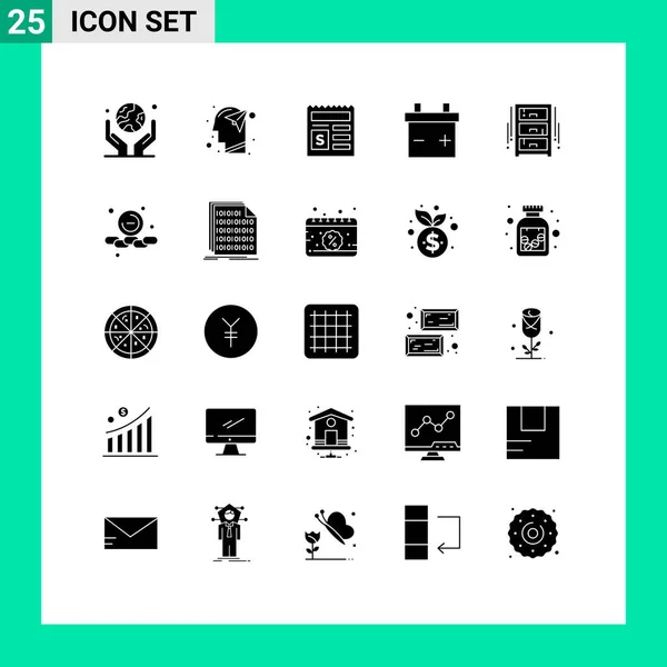 Mobile Interface Solid Glyph Set Pictograms Interior Draw Mind Battery — Stock Vector