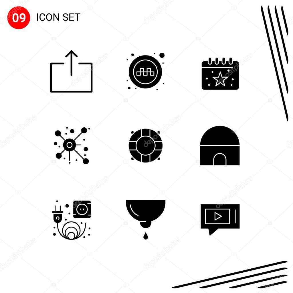 9 Universal Solid Glyph Signs Symbols of summer, beach, calendar, connection, network Editable Vector Design Elements