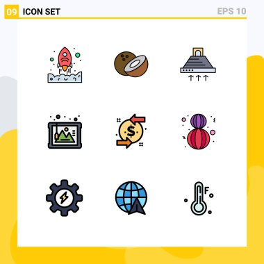 Web ve Mobil Uygulamalar için 9 Evrensel Filledline Düz Renkleri Doları, geri, mutfak, tarih, sanat Düzenlenebilir Vektör Tasarım Elemanları