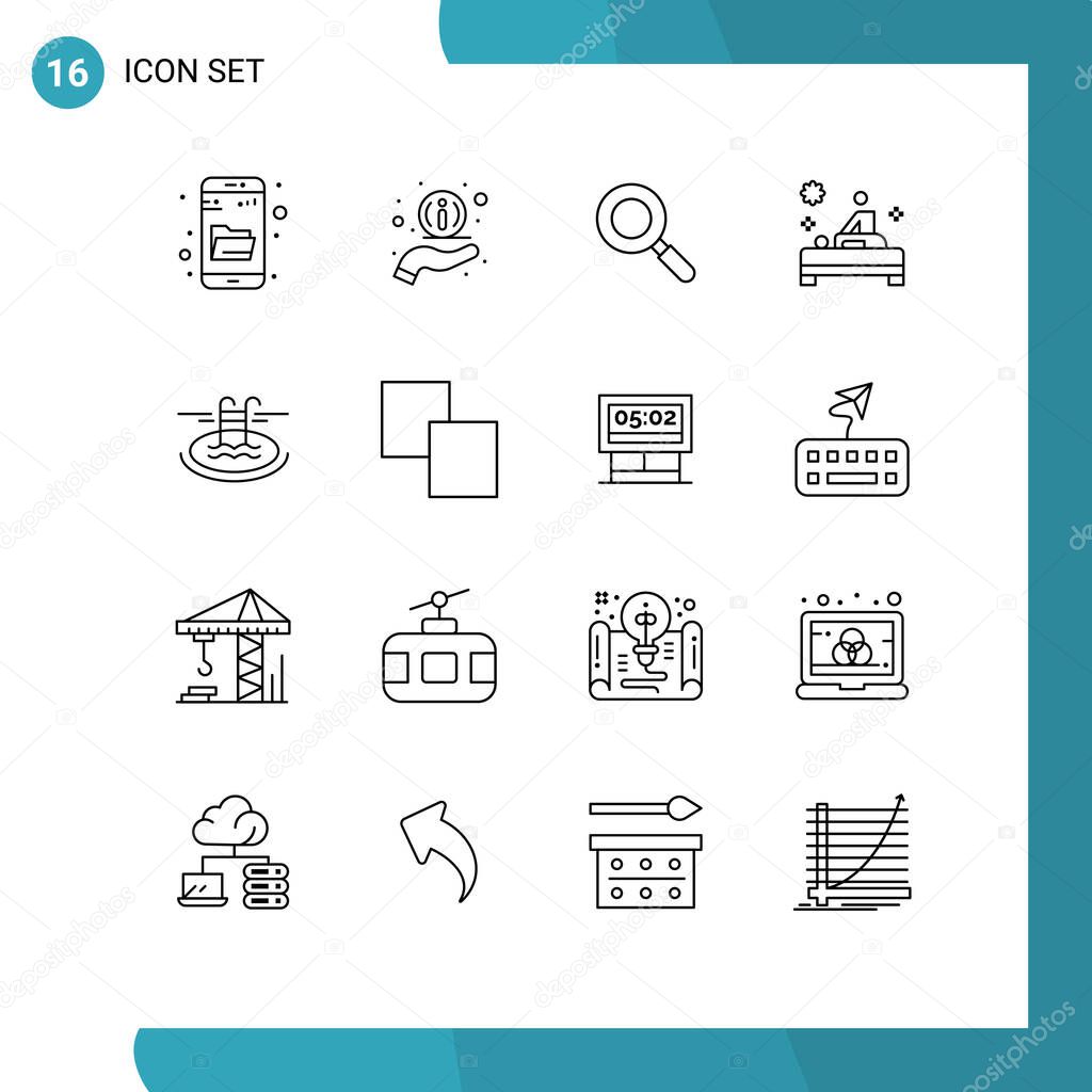 Set of 16 Vector Outlines on Grid for serves, pool, research, swimming, table Editable Vector Design Elements