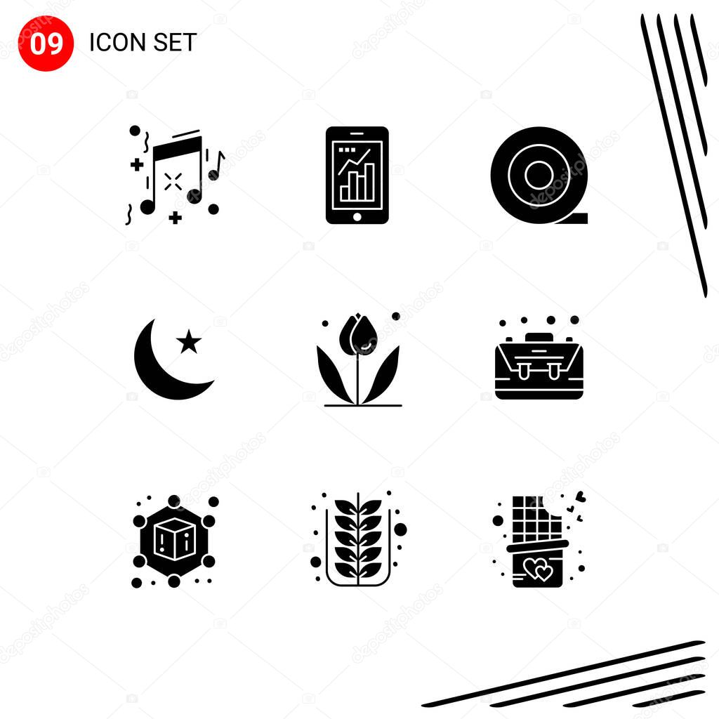 Modern Set of 9 Solid Glyphs and symbols such as bag, nature, tape, floral, night Editable Vector Design Elements